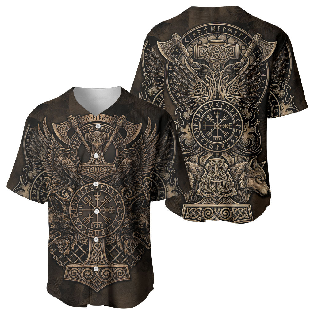 Viking Raven Wolf Vegvisir Baseball Jersey Nordic Runic Engraving Style