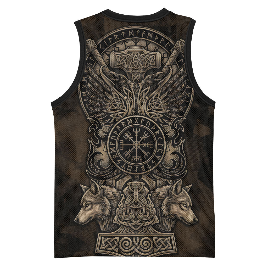 Viking Raven Wolf Vegvisir Basketball Jersey Nordic Runic Engraving Style