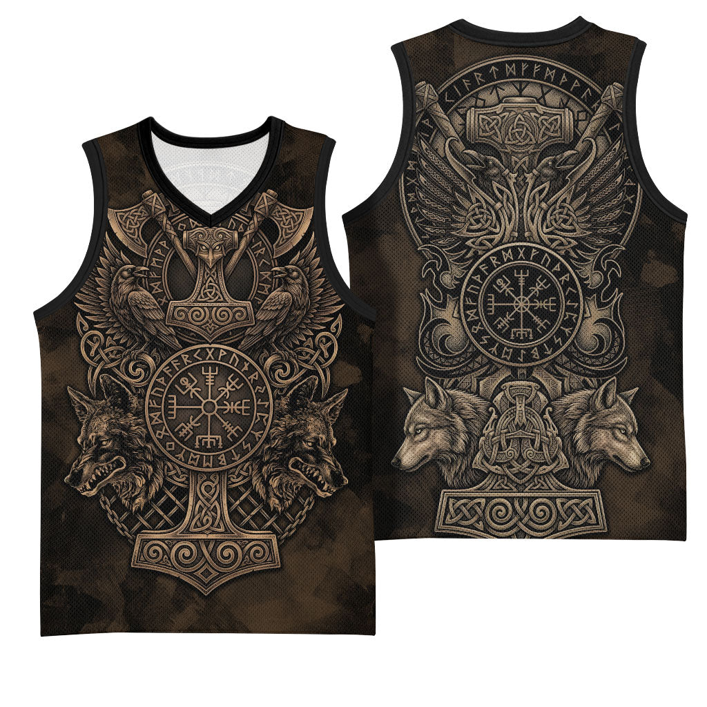 Viking Raven Wolf Vegvisir Basketball Jersey Nordic Runic Engraving Style