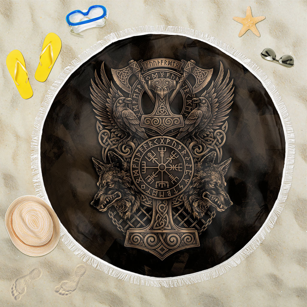 Viking Raven Wolf Vegvisir Beach Blanket Nordic Runic Engraving Style