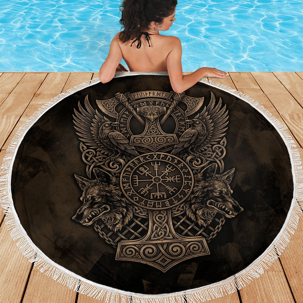 Viking Raven Wolf Vegvisir Beach Blanket Nordic Runic Engraving Style