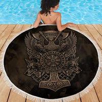 Viking Raven Wolf Vegvisir Beach Blanket Nordic Runic Engraving Style