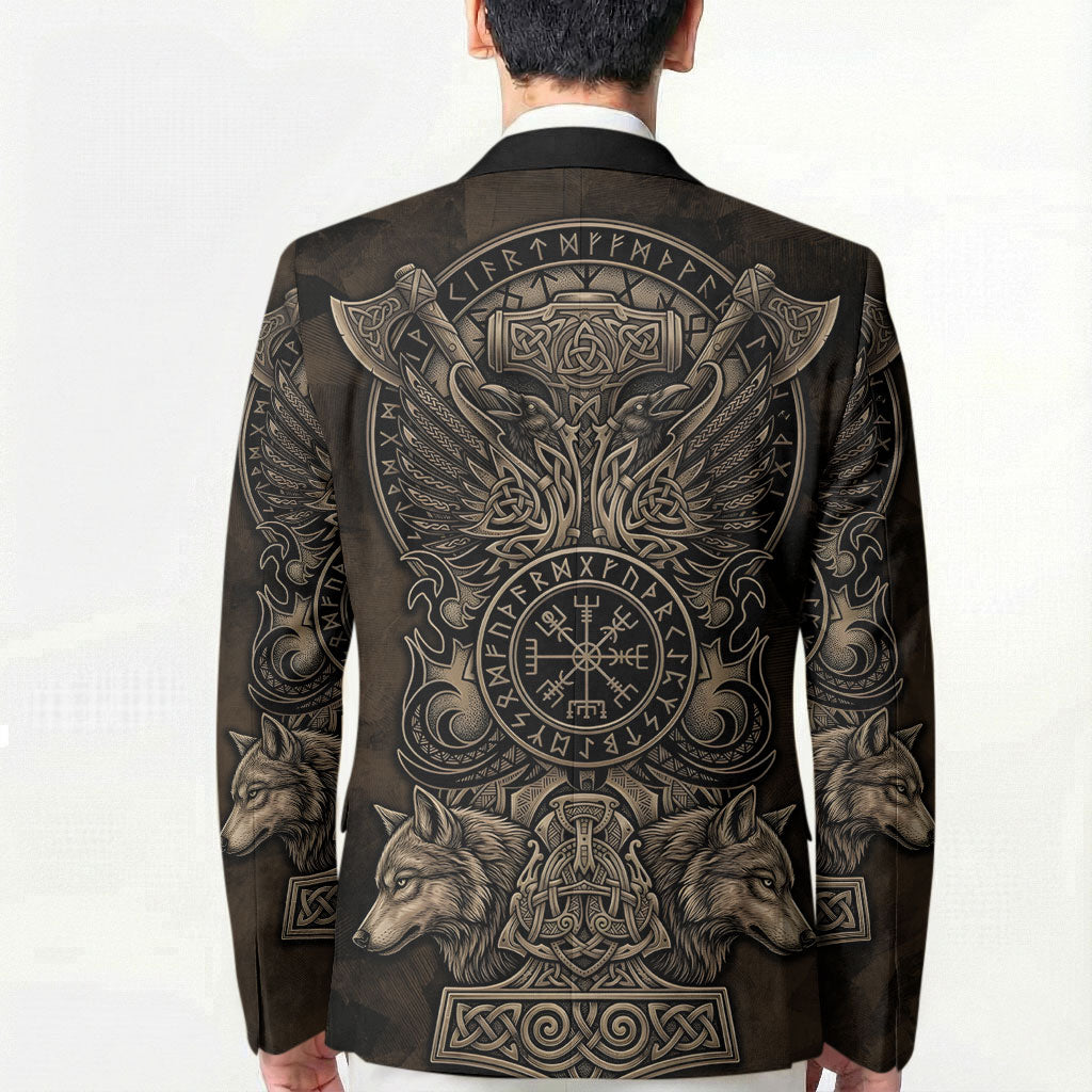 Viking Raven Wolf Vegvisir Blazer Nordic Runic Engraving Style