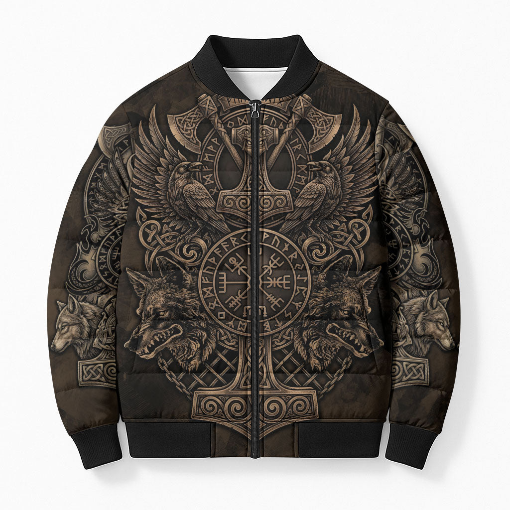 Viking Raven Wolf Vegvisir Bomber Puffer Jacket Nordic Runic Engraving Style