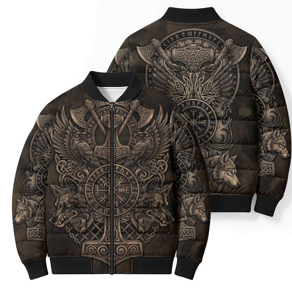 Viking Raven Wolf Vegvisir Bomber Puffer Jacket Nordic Runic Engraving Style