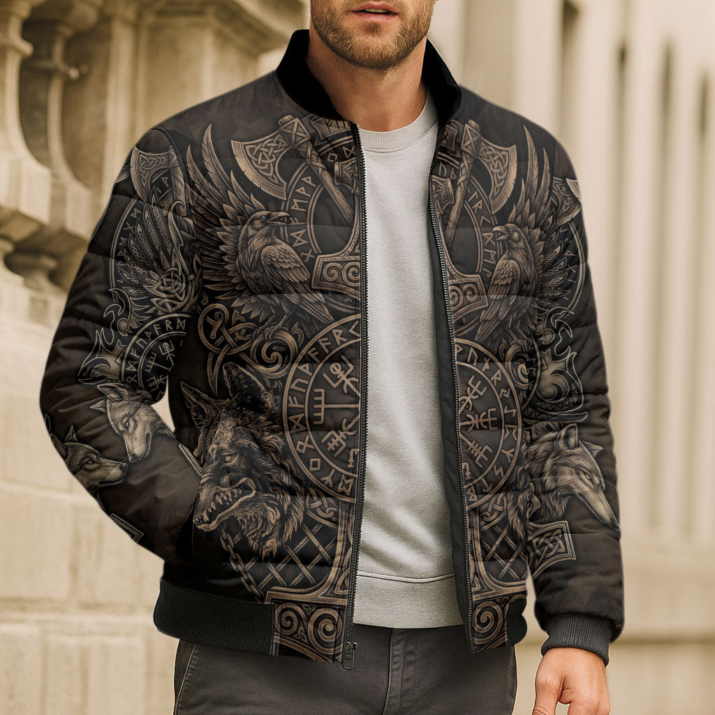 Viking Raven Wolf Vegvisir Bomber Puffer Jacket Nordic Runic Engraving Style