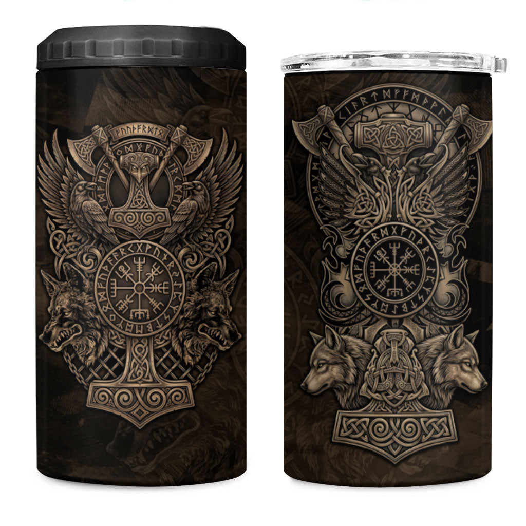 Viking Raven Wolf Vegvisir 4 in 1 Can Cooler Tumbler Nordic Runic Engraving Style