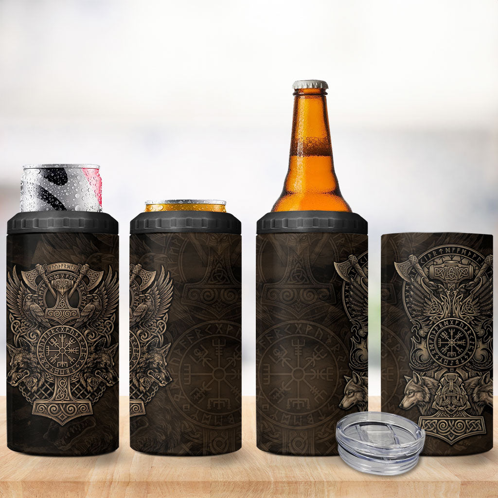 Viking Raven Wolf Vegvisir 4 in 1 Can Cooler Tumbler Nordic Runic Engraving Style