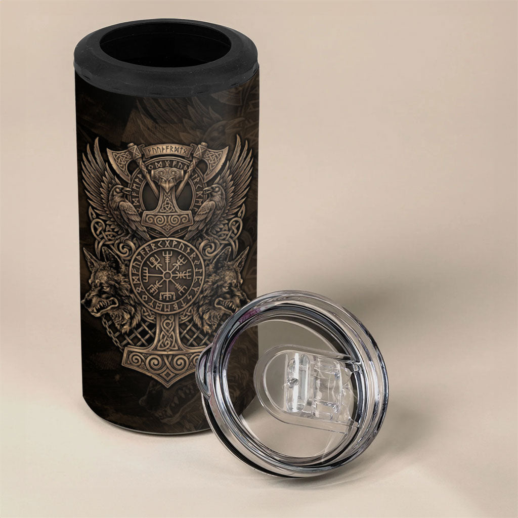 Viking Raven Wolf Vegvisir 4 in 1 Can Cooler Tumbler Nordic Runic Engraving Style