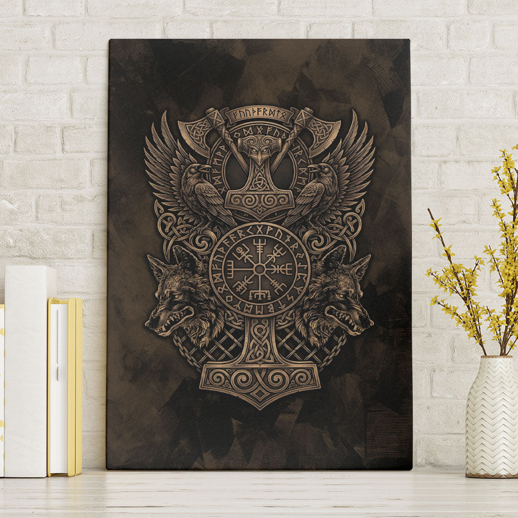 Viking Raven Wolf Vegvisir Canvas Wall Art Nordic Runic Engraving Style