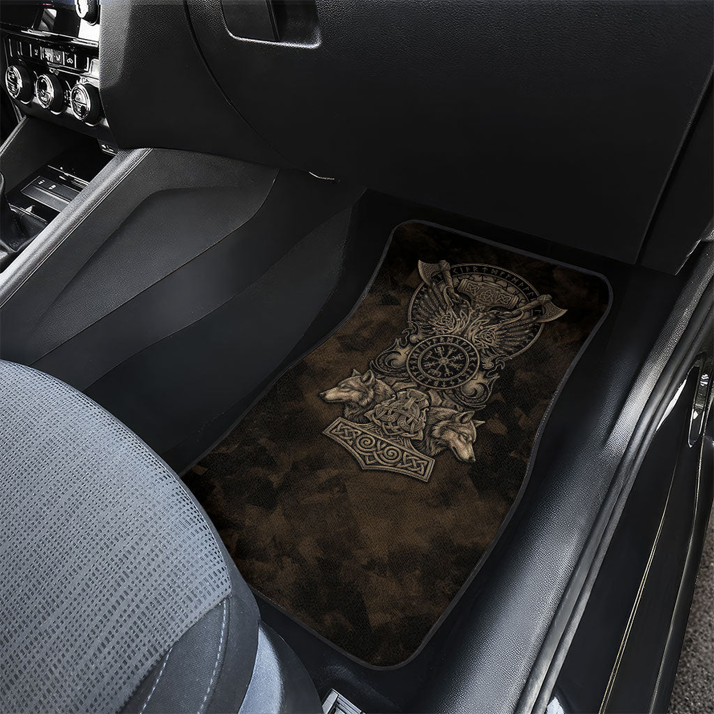 Viking Raven Wolf Vegvisir Car Mats Nordic Runic Engraving Style
