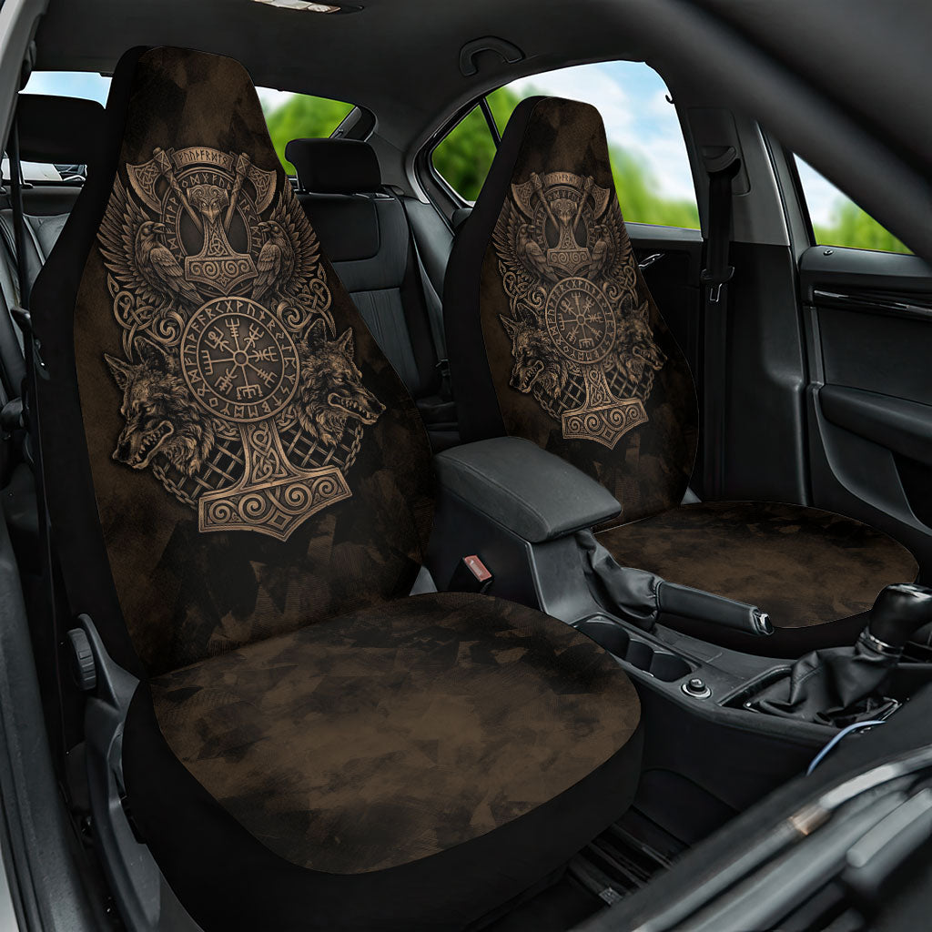 Viking Raven Wolf Vegvisir Car Seat Cover Nordic Runic Engraving Style