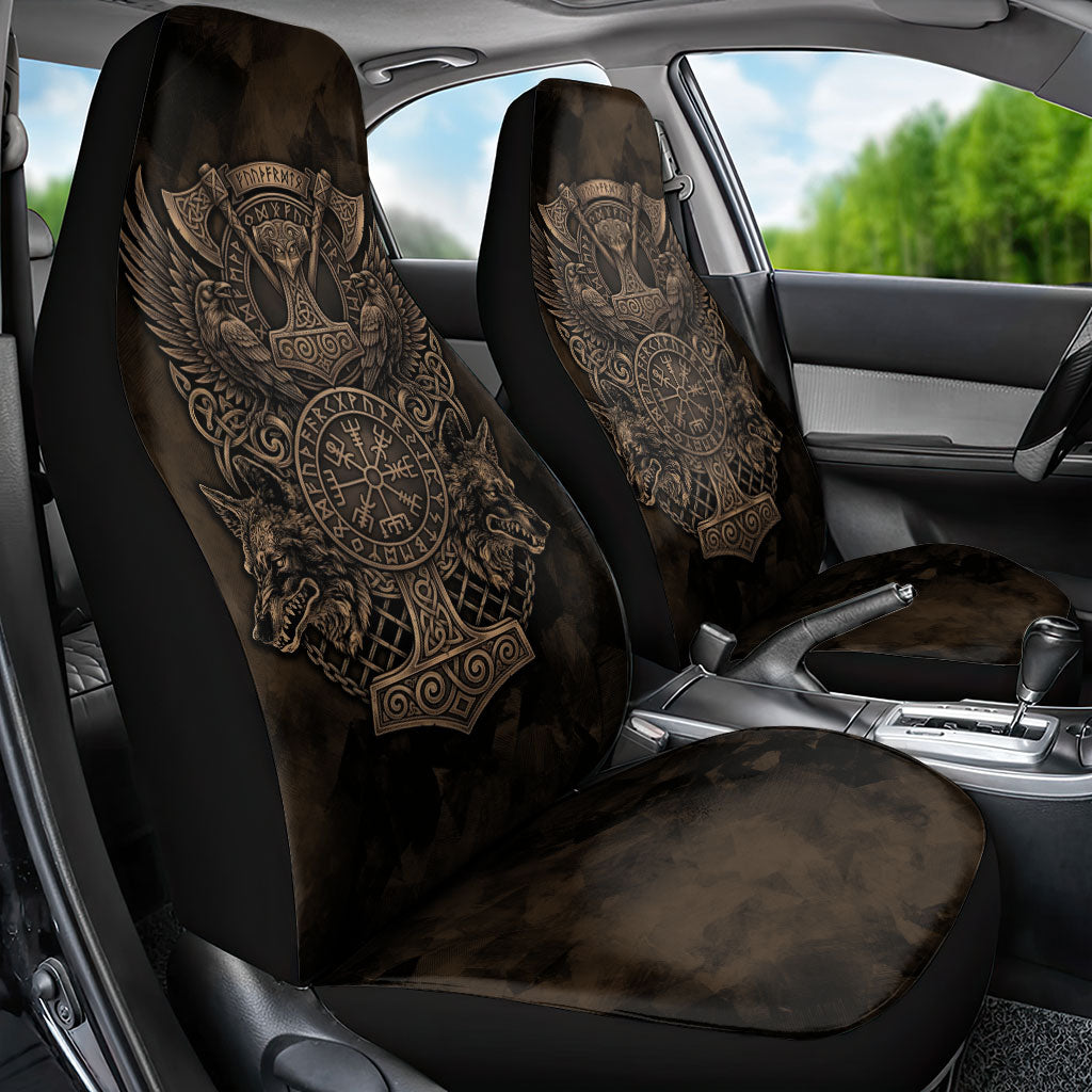 Viking Raven Wolf Vegvisir Car Seat Cover Nordic Runic Engraving Style