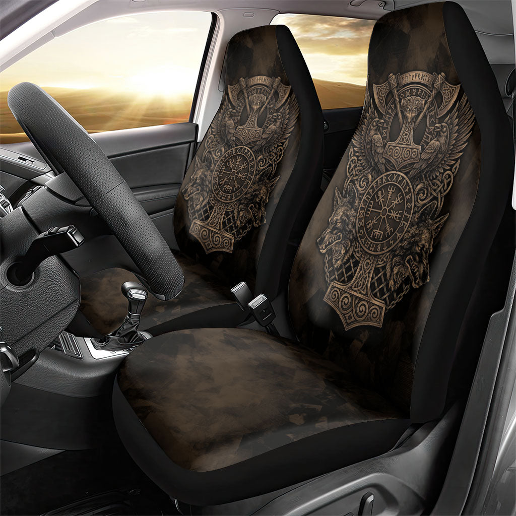 Viking Raven Wolf Vegvisir Car Seat Cover Nordic Runic Engraving Style