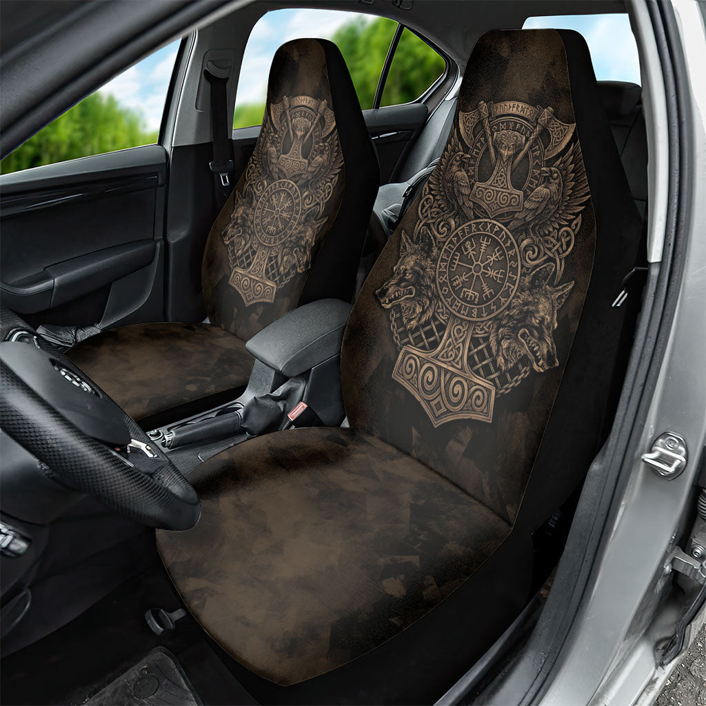Viking Raven Wolf Vegvisir Car Seat Cover Nordic Runic Engraving Style