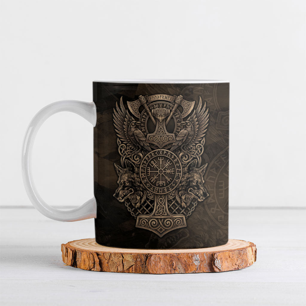 Viking Raven Wolf Vegvisir Ceramic Mug Nordic Runic Engraving Style
