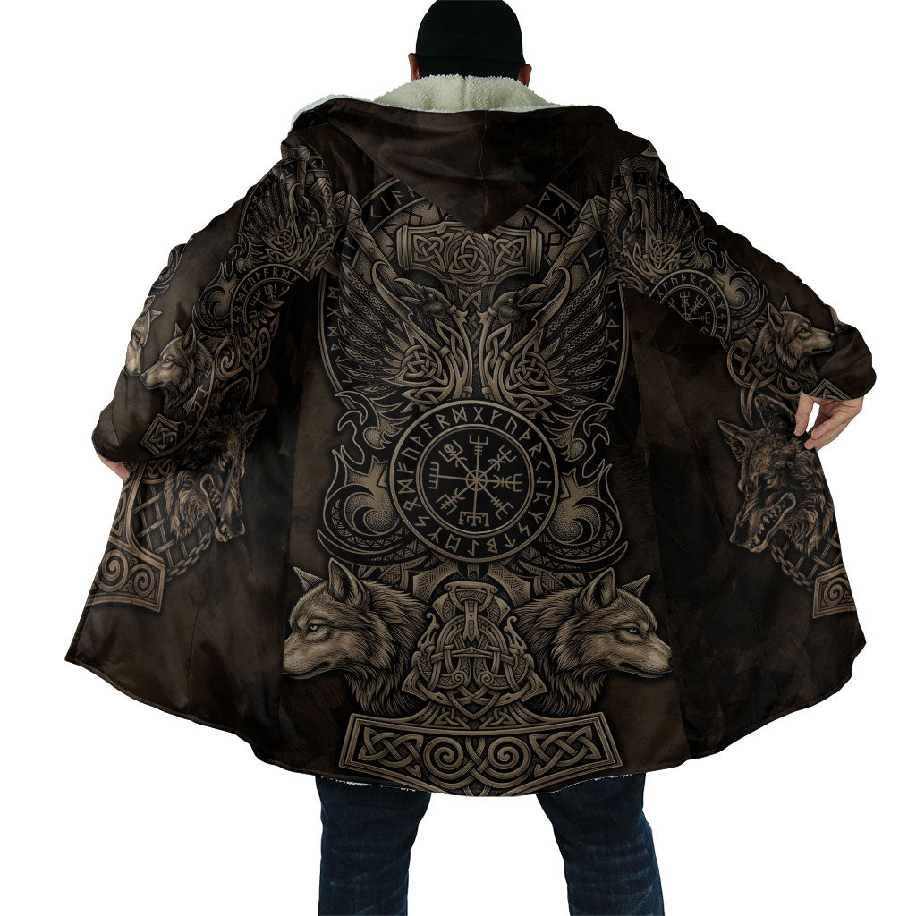 Viking Raven Wolf Vegvisir Cloak Nordic Runic Engraving Style