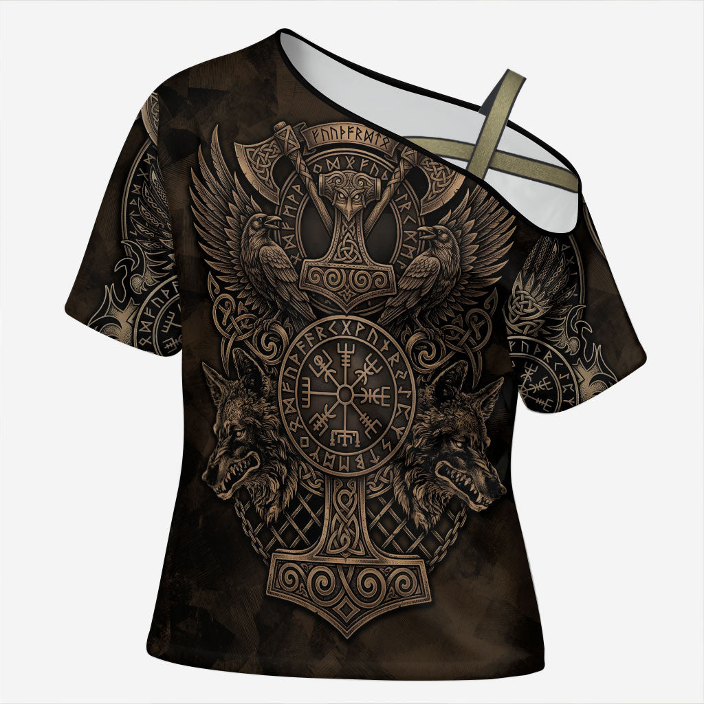 Viking Raven Wolf Vegvisir Cross Shoulder Shirt Nordic Runic Engraving Style