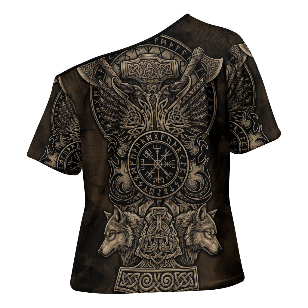 Viking Raven Wolf Vegvisir Cross Shoulder Shirt Nordic Runic Engraving Style