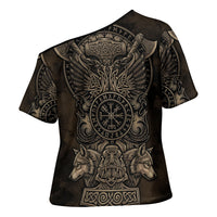 Viking Raven Wolf Vegvisir Cross Shoulder Shirt Nordic Runic Engraving Style