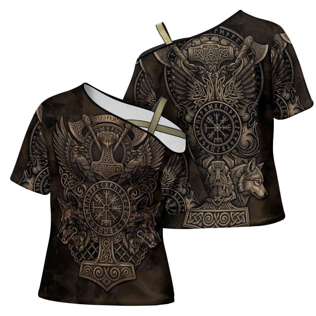 Viking Raven Wolf Vegvisir Cross Shoulder Shirt Nordic Runic Engraving Style