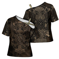 Viking Raven Wolf Vegvisir Cross Shoulder Shirt Nordic Runic Engraving Style