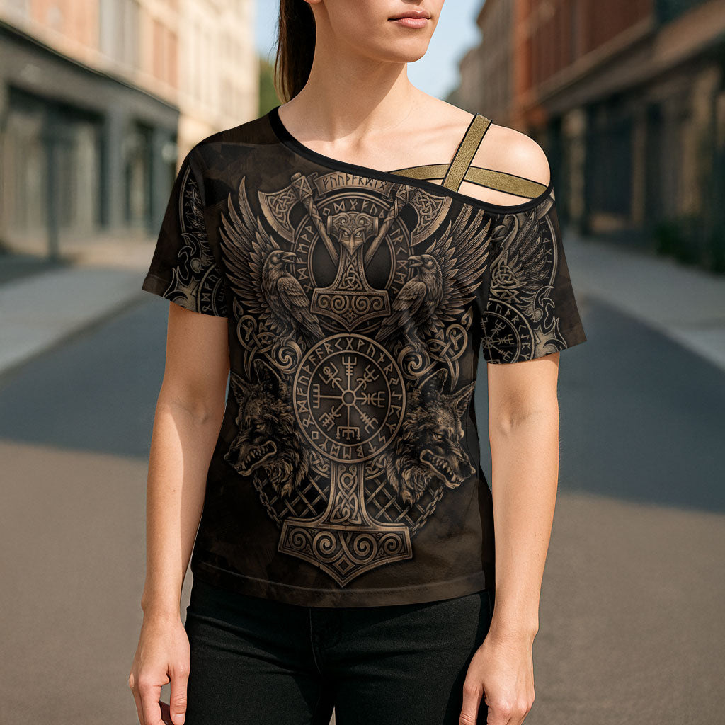 Viking Raven Wolf Vegvisir Cross Shoulder Shirt Nordic Runic Engraving Style