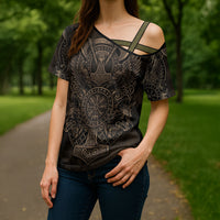 Viking Raven Wolf Vegvisir Cross Shoulder Shirt Nordic Runic Engraving Style