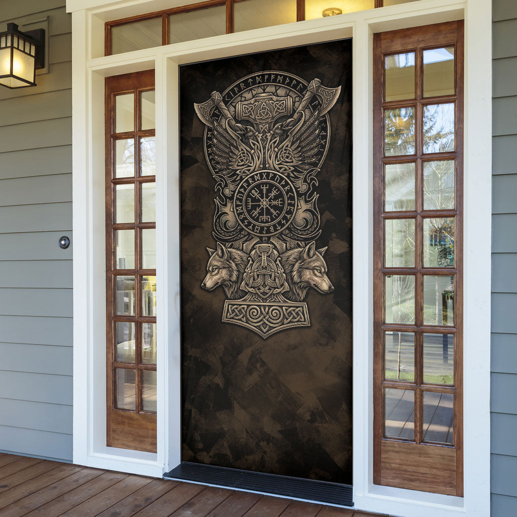 Viking Raven Wolf Vegvisir Door Cover Nordic Runic Engraving Style