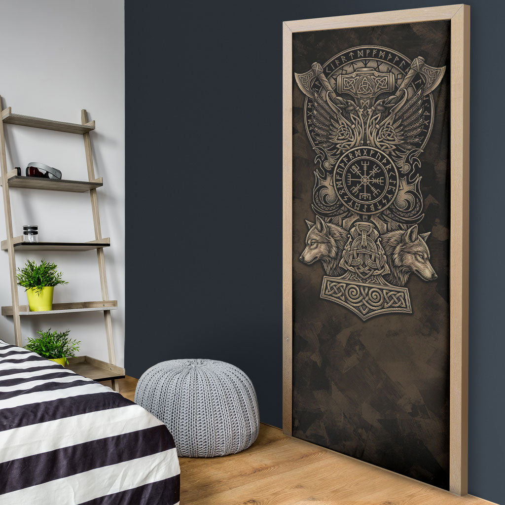 Viking Raven Wolf Vegvisir Door Cover Nordic Runic Engraving Style