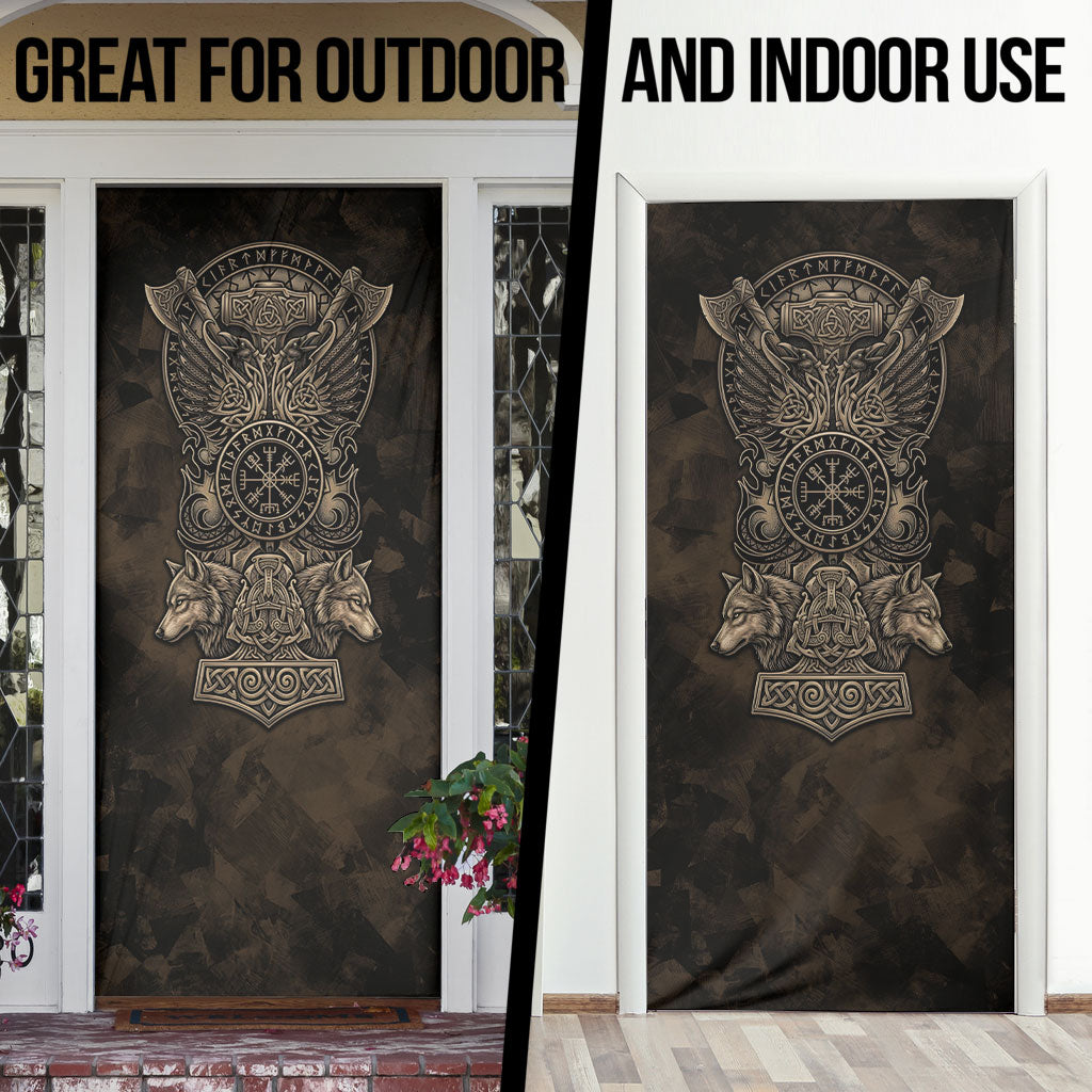 Viking Raven Wolf Vegvisir Door Cover Nordic Runic Engraving Style