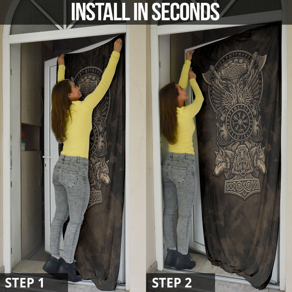 Viking Raven Wolf Vegvisir Door Cover Nordic Runic Engraving Style