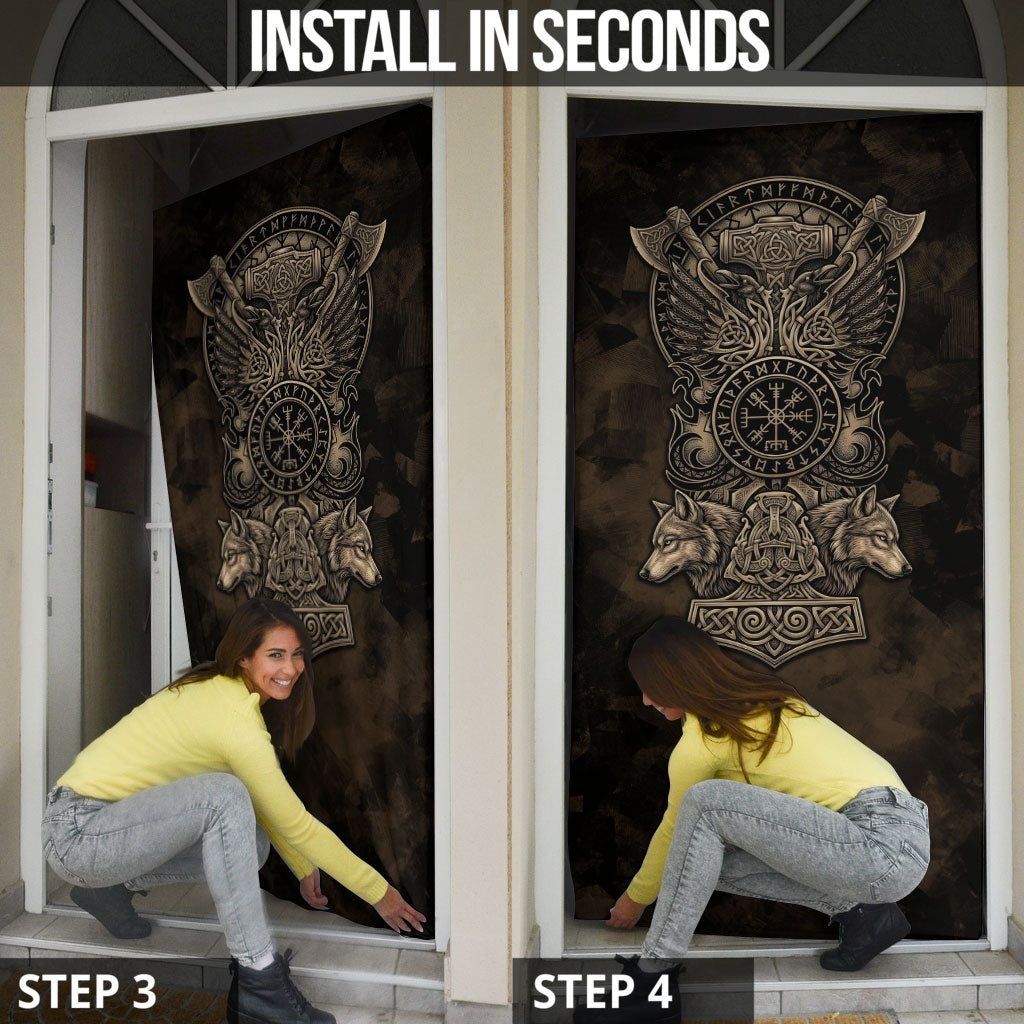 Viking Raven Wolf Vegvisir Door Cover Nordic Runic Engraving Style