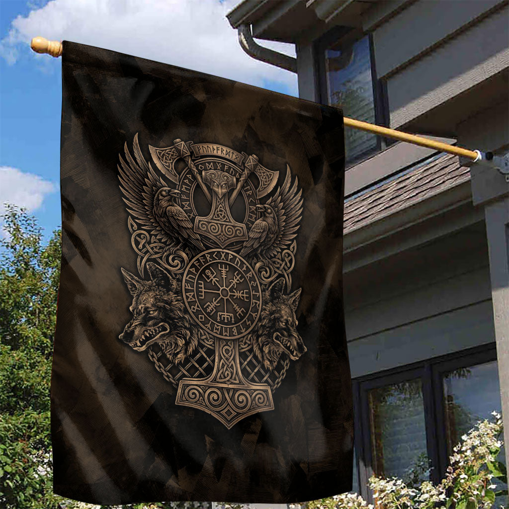 Viking Raven Wolf Vegvisir Garden Flag Nordic Runic Engraving Style