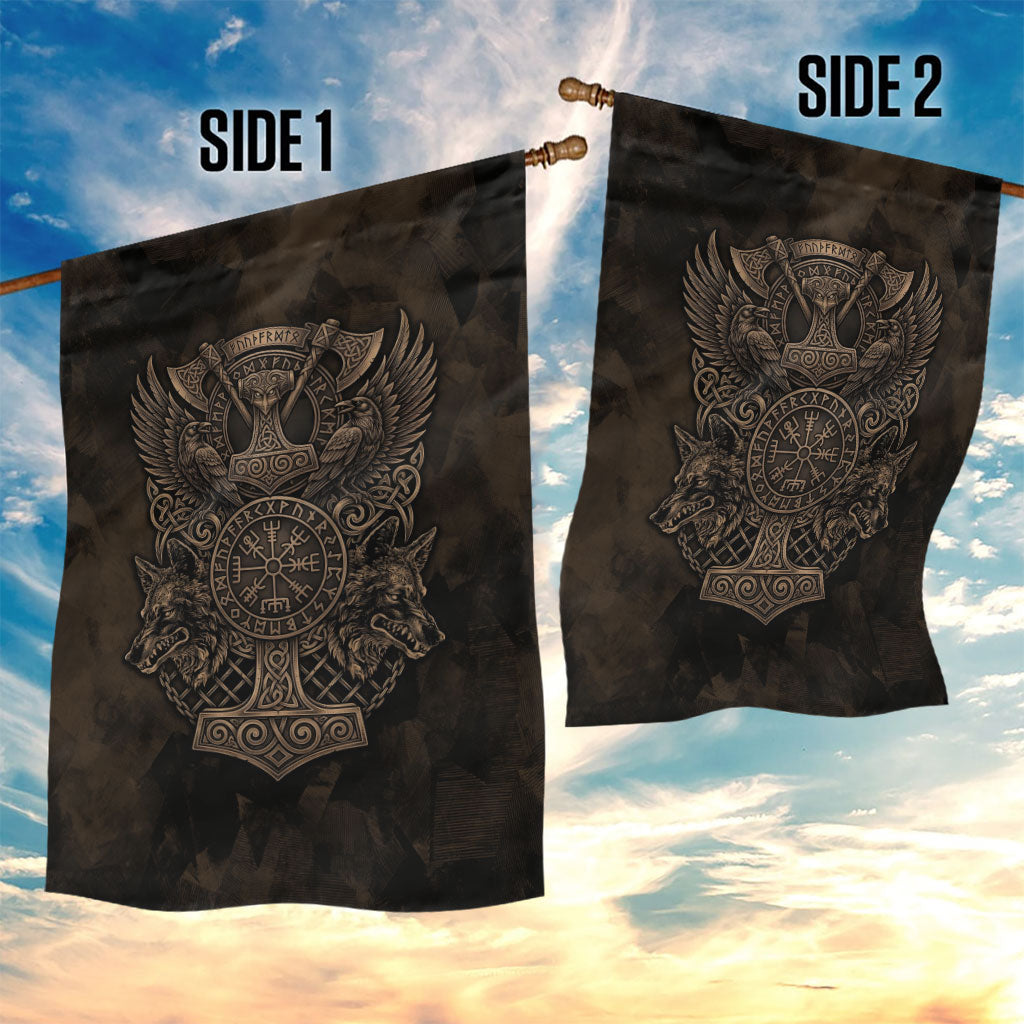 Viking Raven Wolf Vegvisir Garden Flag Nordic Runic Engraving Style