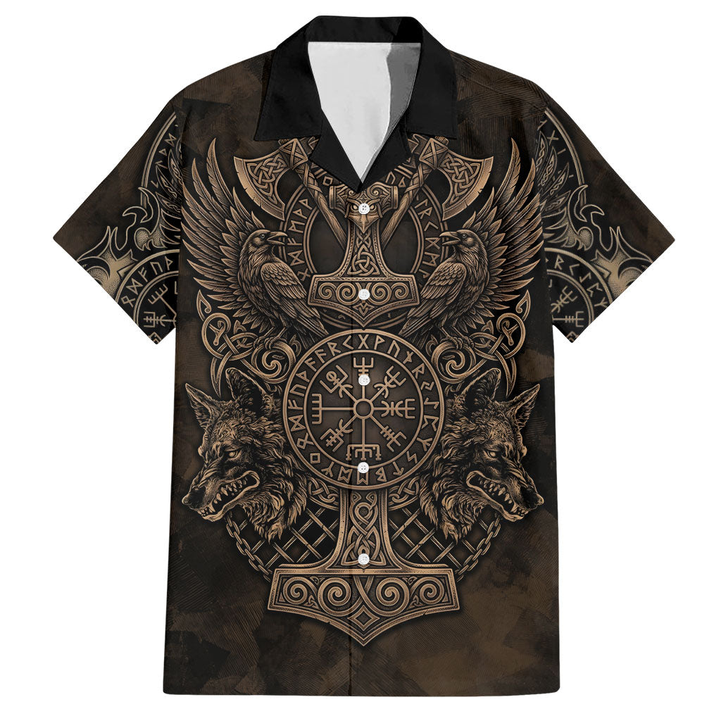 Viking Raven Wolf Vegvisir Hawaiian Shirt Nordic Runic Engraving Style