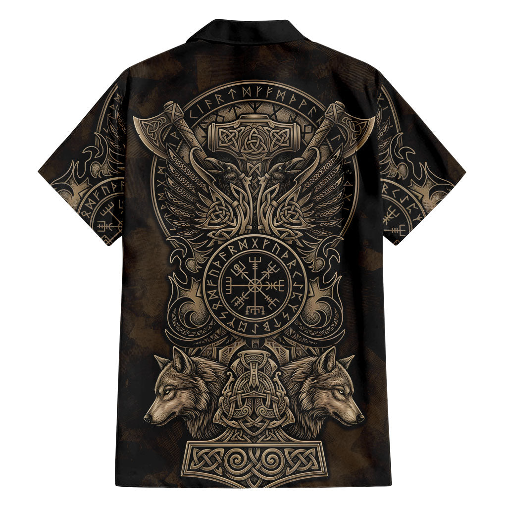 Viking Raven Wolf Vegvisir Hawaiian Shirt Nordic Runic Engraving Style