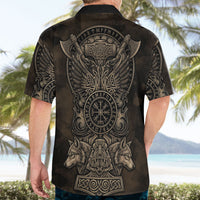 Viking Raven Wolf Vegvisir Hawaiian Shirt Nordic Runic Engraving Style