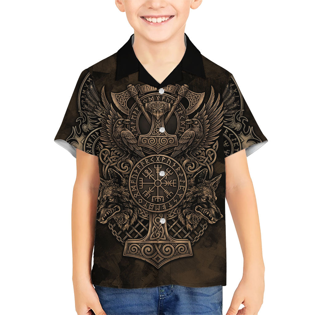 Viking Raven Wolf Vegvisir Hawaiian Shirt Nordic Runic Engraving Style