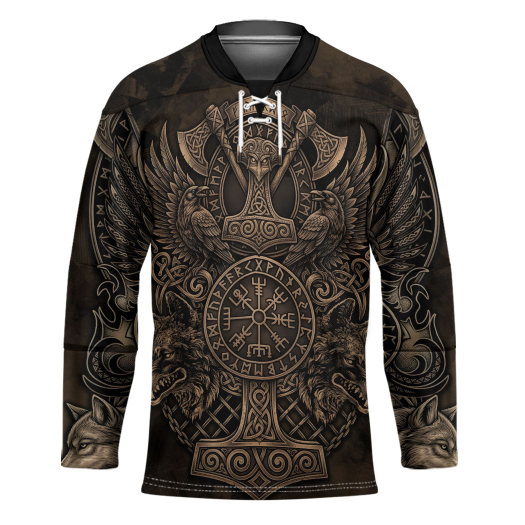 Viking Raven Wolf Vegvisir Hockey Jersey Nordic Runic Engraving Style