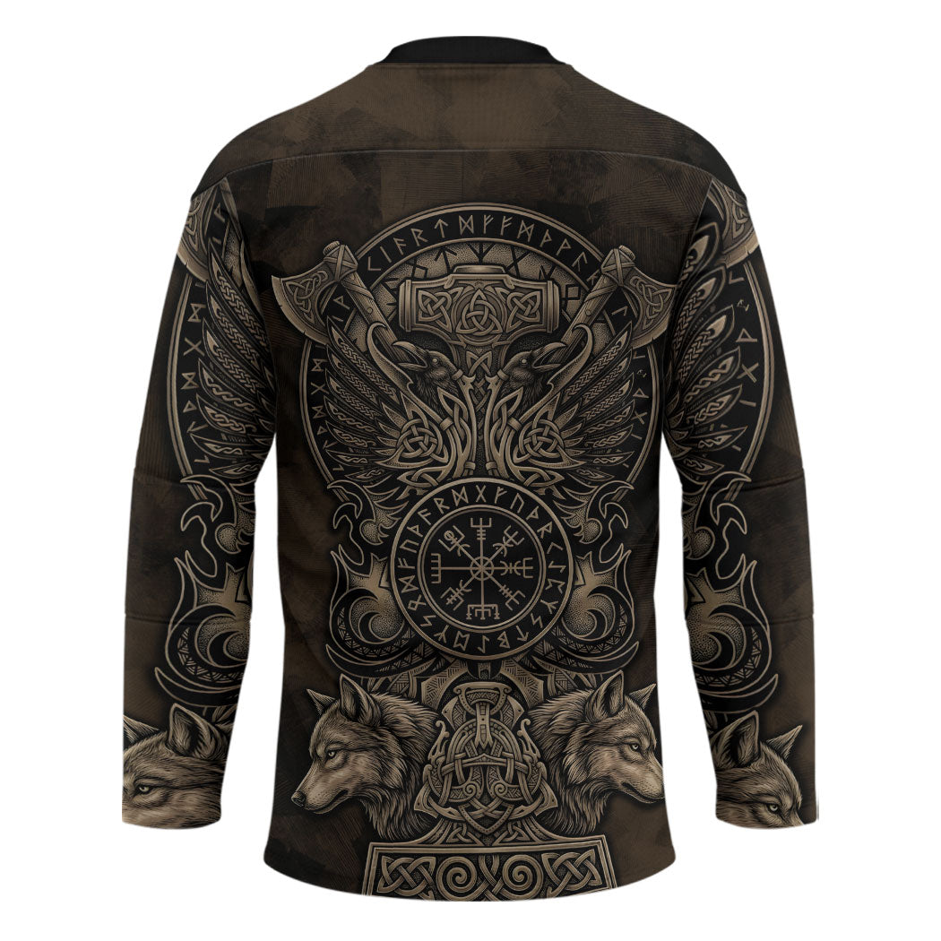 Viking Raven Wolf Vegvisir Hockey Jersey Nordic Runic Engraving Style