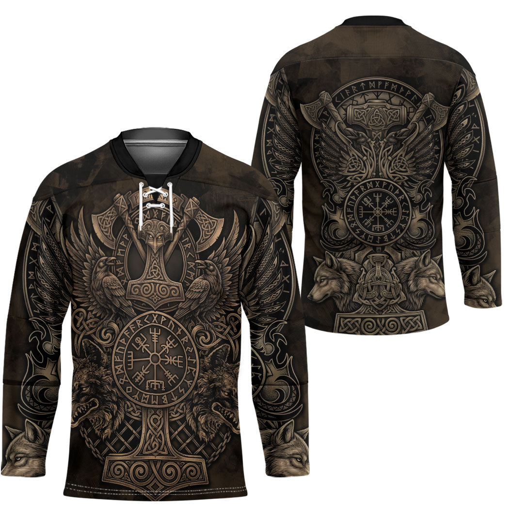 Viking Raven Wolf Vegvisir Hockey Jersey Nordic Runic Engraving Style