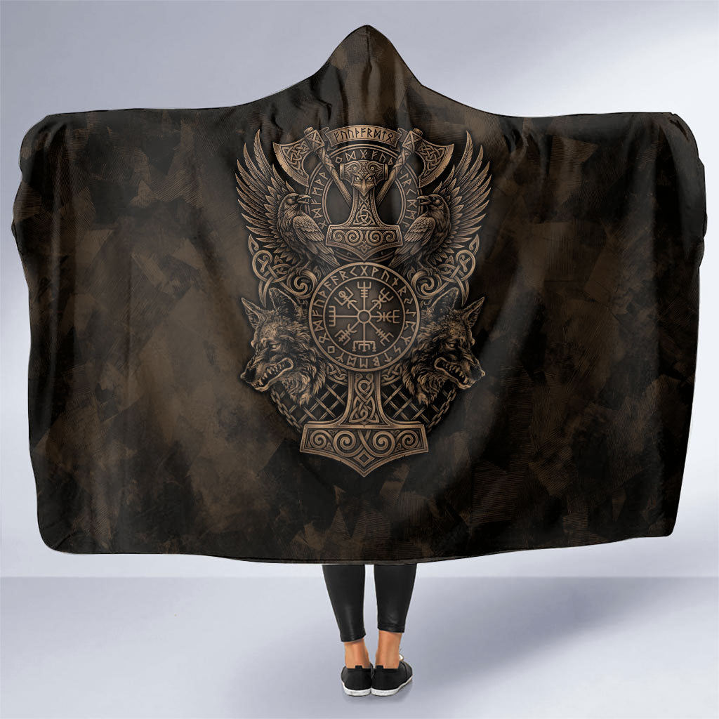 Viking Raven Wolf Vegvisir Hooded Blanket Nordic Runic Engraving Style