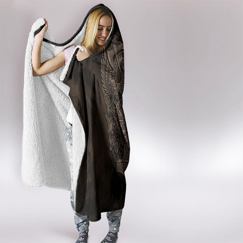 Viking Raven Wolf Vegvisir Hooded Blanket Nordic Runic Engraving Style