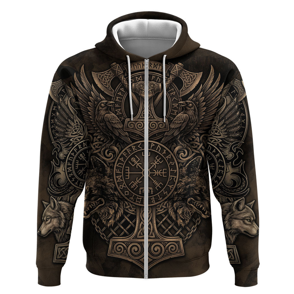 Viking Raven Wolf Vegvisir Hoodie Nordic Runic Engraving Style