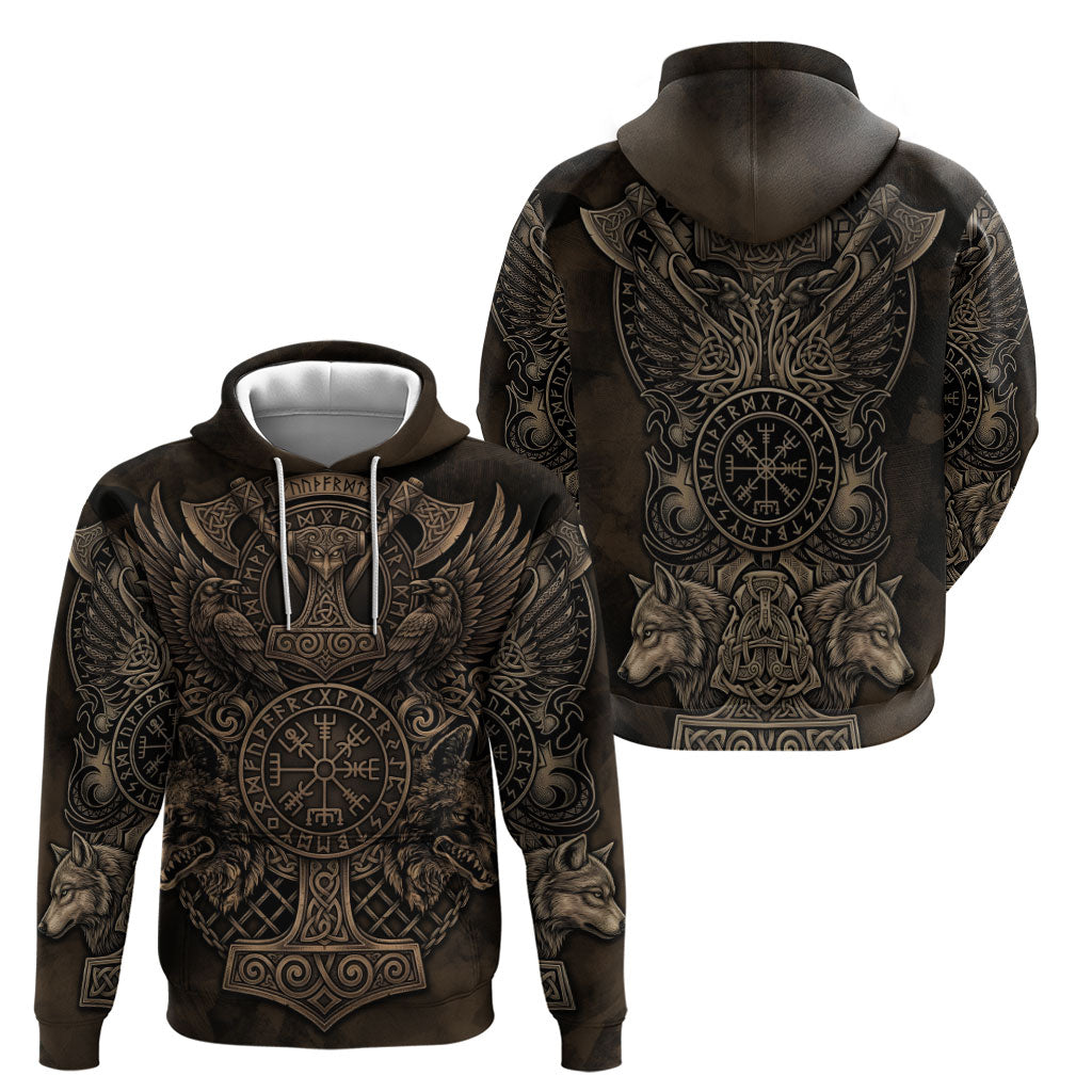 Viking Raven Wolf Vegvisir Hoodie Nordic Runic Engraving Style