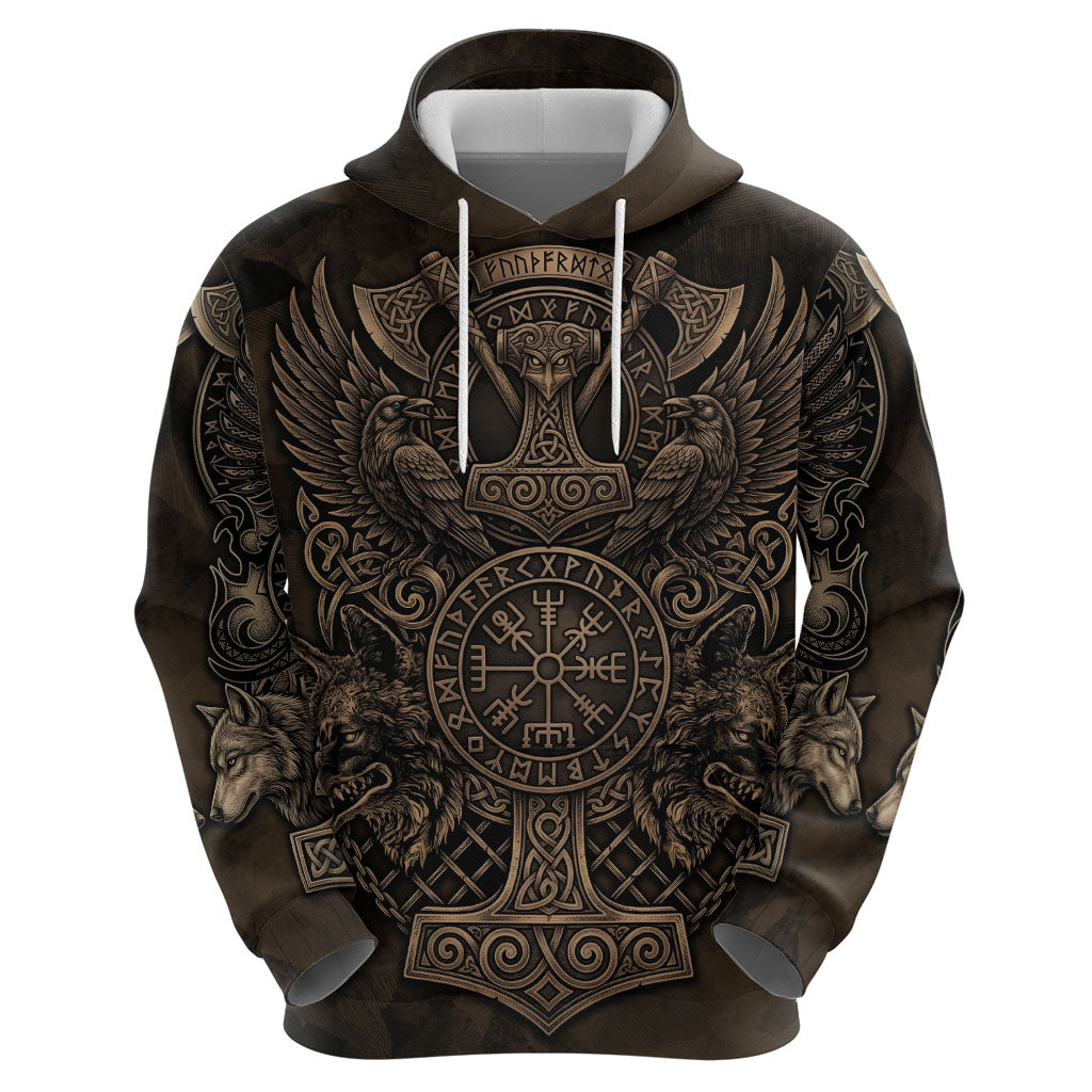Viking Raven Wolf Vegvisir Hoodie Nordic Runic Engraving Style
