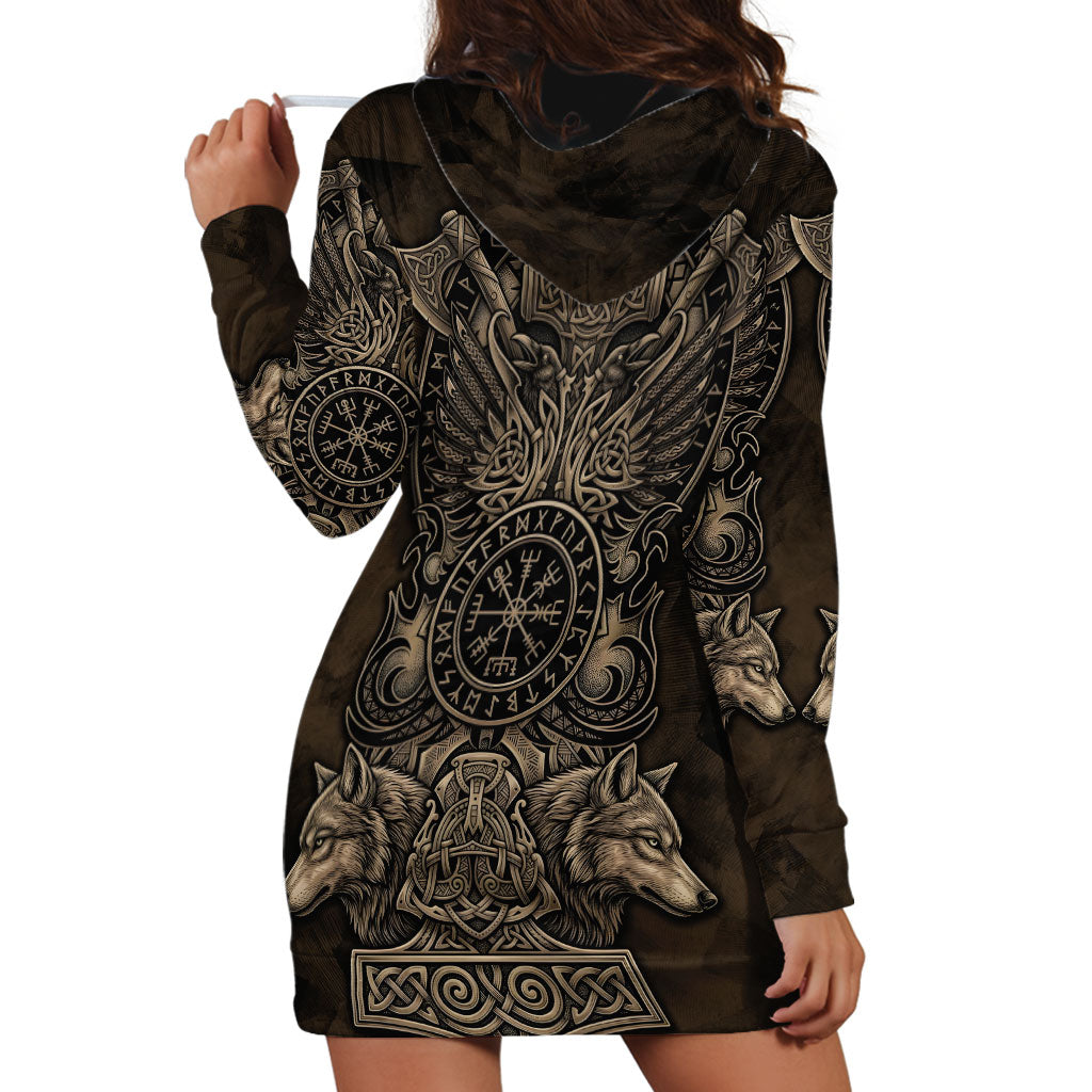Viking Raven Wolf Vegvisir Hoodie Dress Nordic Runic Engraving Style