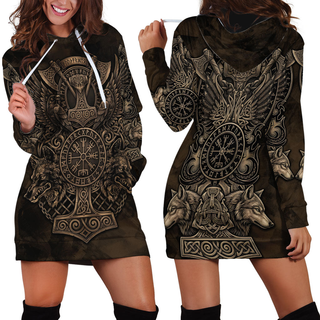 Viking Raven Wolf Vegvisir Hoodie Dress Nordic Runic Engraving Style