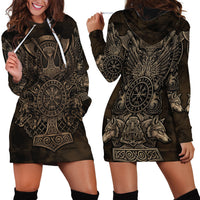 Viking Raven Wolf Vegvisir Hoodie Dress Nordic Runic Engraving Style